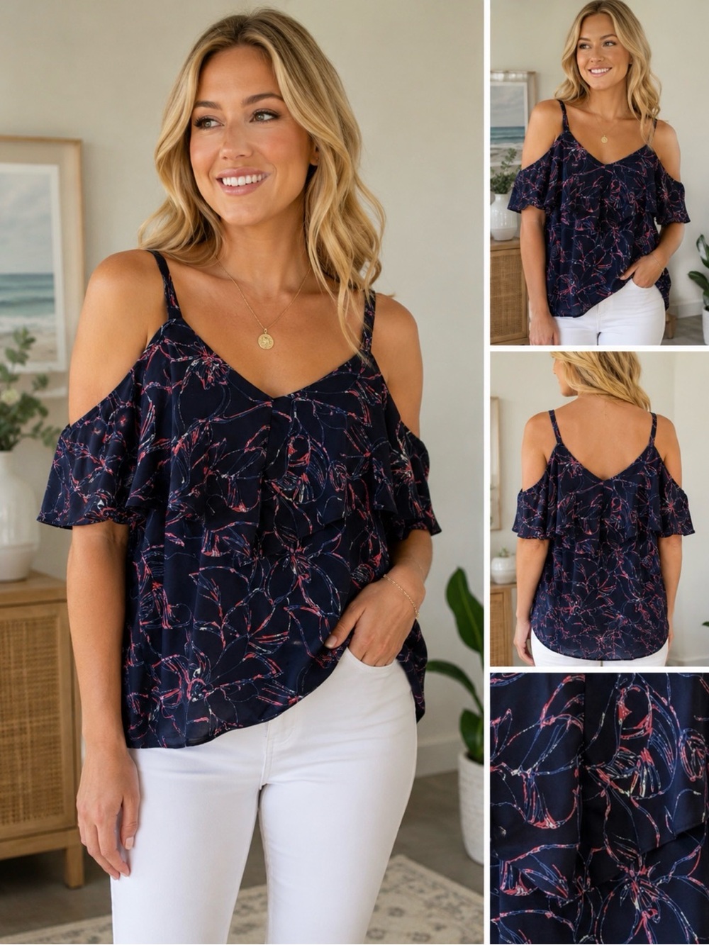 Allison Joy Size L Navy Floral Cold Shoulder Ruffle Blouse Flowy V-Neck